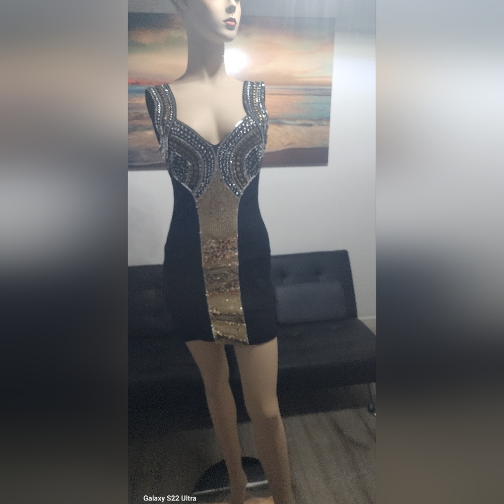 Bebe Black and Gold Embellished Bodycon Mini Dress